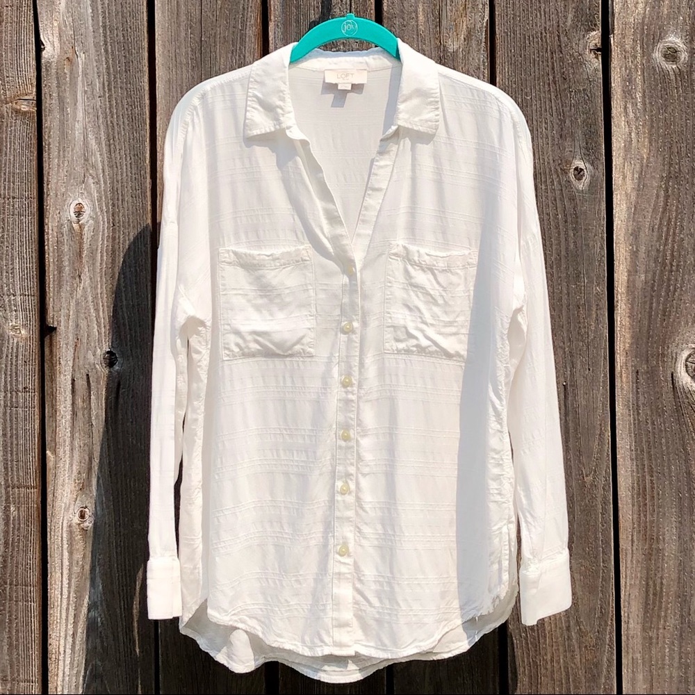Loft V-neck button down white top size small
